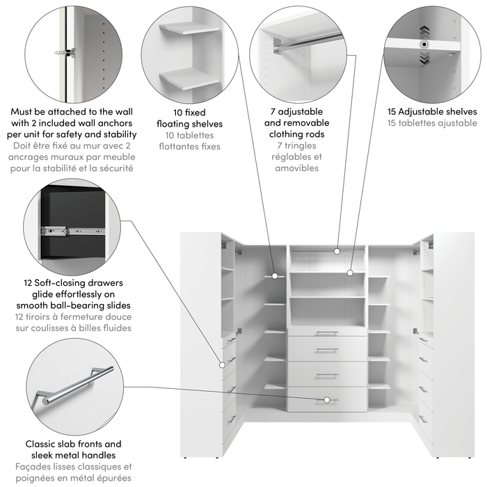 Bestar Florence 105\" Modular U-Shaped Walk-In Closet System with Rods, Shelves and Drawers Slab Style - White