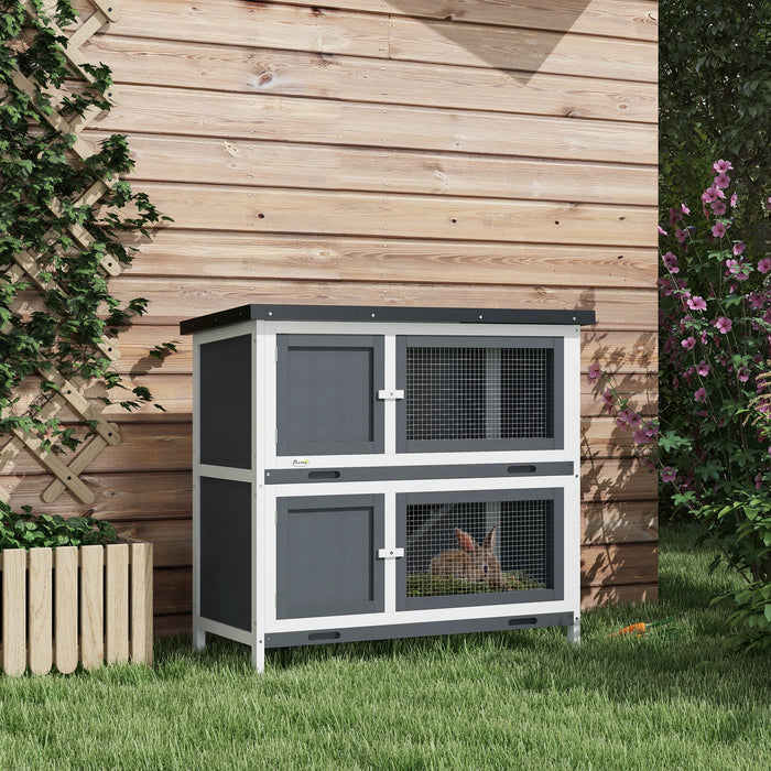 Pawhut Rabbit Hutch, Wooden 2 Tier Bunny Guinea Pig Cage With Openable Top, Slide-out Tray, Ramp, Asphalt Roof, For 2 Rabbits Outdoor Backyard Use, Grey