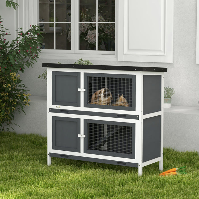 Pawhut Rabbit Hutch, Wooden 2 Tier Bunny Guinea Pig Cage With Openable Top, Slide-out Tray, Ramp, Asphalt Roof, For 2 Rabbits Outdoor Backyard Use, Grey