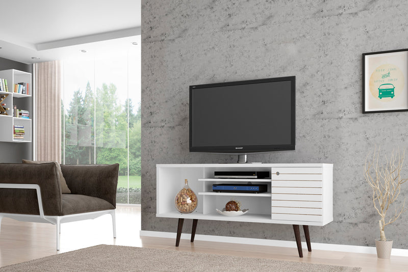 Manhattan Comfort Liberty 53.14\" Mid-Century Modern TV Stand with 5 Shelves & 1 Door - White & Yellow