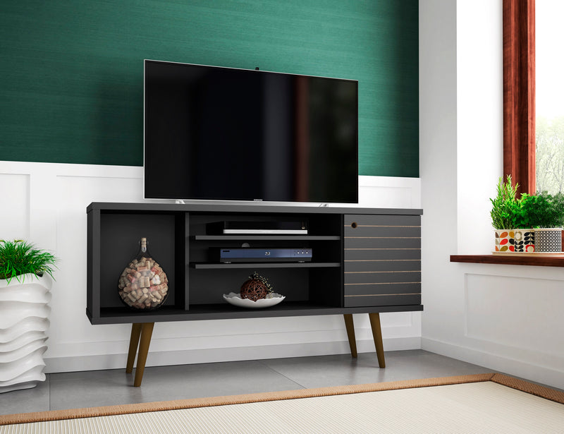 Manhattan Comfort Liberty 53.14\" Mid-Century Modern TV Stand with 5 Shelves & 1 Door - Black