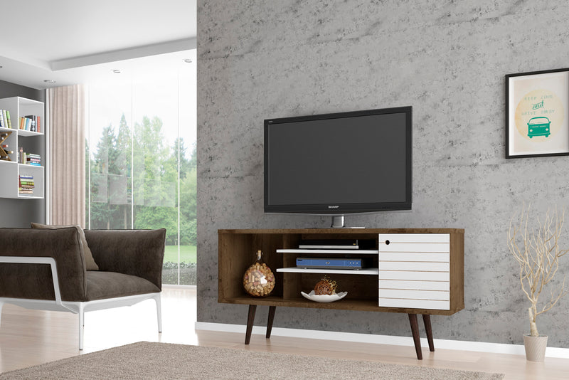 Manhattan Comfort Liberty 53.14\" Mid-Century Modern TV Stand with 5 Shelves & 1 Door - Rustic Brown & Aqua Blue