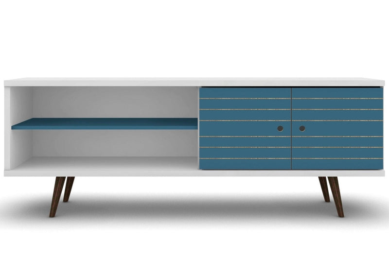 Manhattan Comfort Liberty 62.99\" Mid-Century Modern TV Stand with 3 Shelves & 2 Doors - White & Aqua Blue