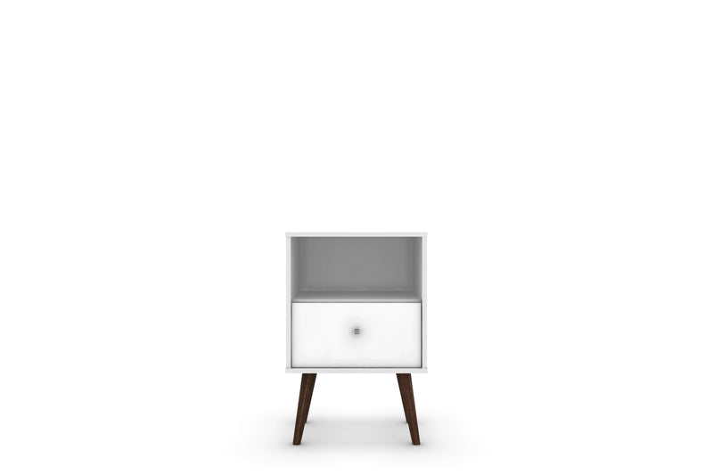 Manhattan Comfort Liberty Mid-Century Modern Nightstand with Cubby Space & Drawer - White