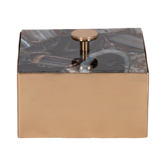 Metal 6\" Trinket Box with Agate Lid - Gold and Black