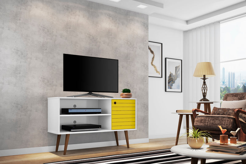 Manhattan Comfort Liberty 42.52\" Mid-Century Modern TV Stand with 2 Shelves & 1 Door - White & Rustic Brown