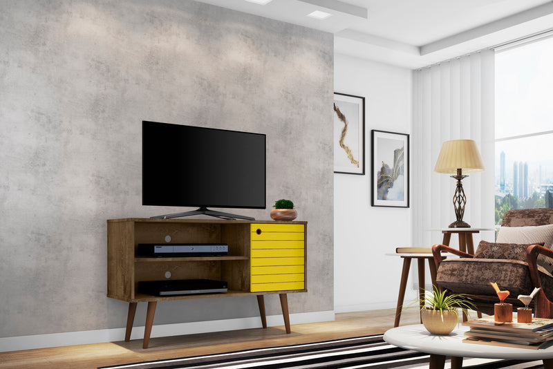 Manhattan Comfort Liberty 42.52\" Mid-Century Modern TV Stand with 2 Shelves & 1 Door - Rustic Brown & White