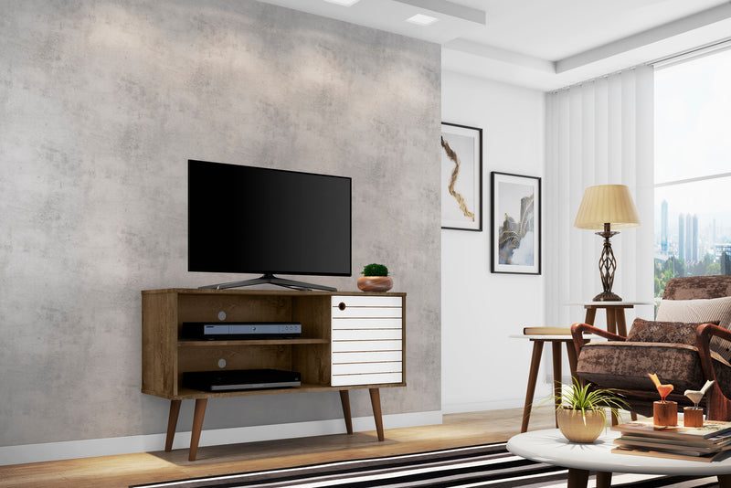 Manhattan Comfort Liberty 42.52\" Mid-Century Modern TV Stand with 2 Shelves & 1 Door - Rustic Brown & Aqua Blue