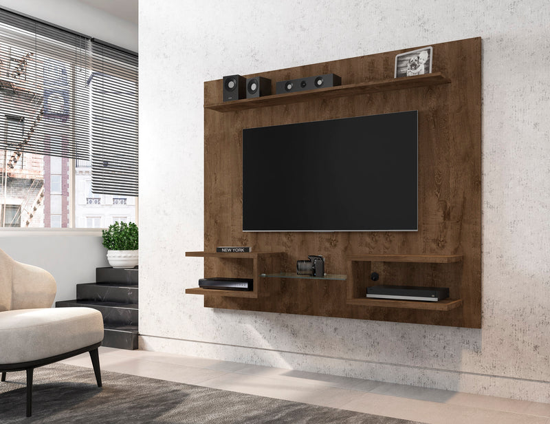 Manhattan Comfort Plaza 64.25\" Modern Floating Wall Entertainment Center with Display Shelves - Rustic Brown
