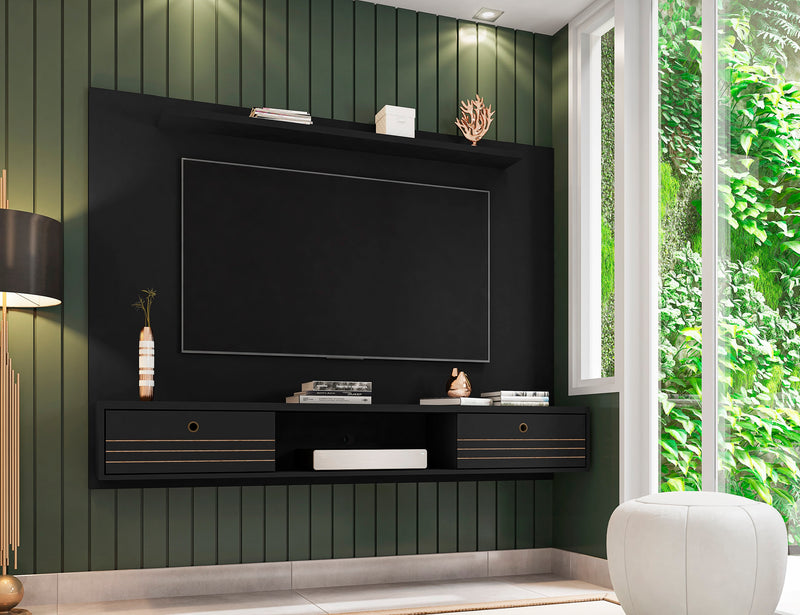 Manhattan Comfort Liberty 70.86\" Floating Wall Entertainment Center with Overhead Shelf - Black