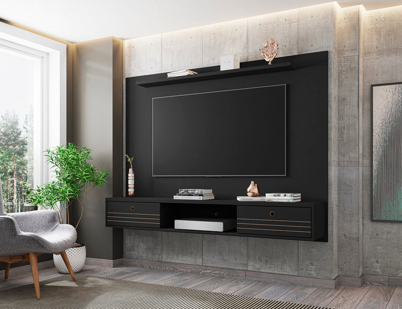 Manhattan Comfort Liberty 70.86\" Floating Wall Entertainment Center with Overhead Shelf - Black