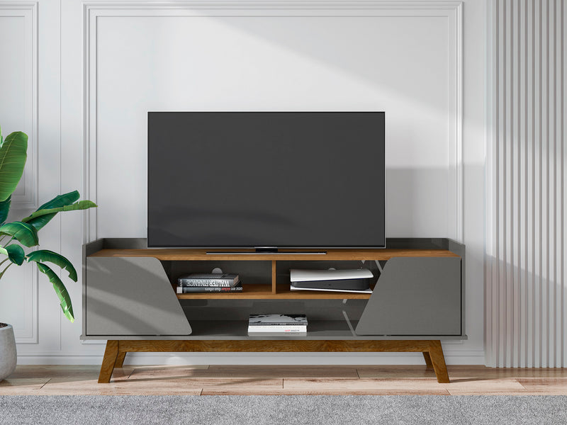 Manhattan Comfort Mid-Century Modern Marcus 62.99\" TV Stand with Solid Wood Legs - Grey & Natural