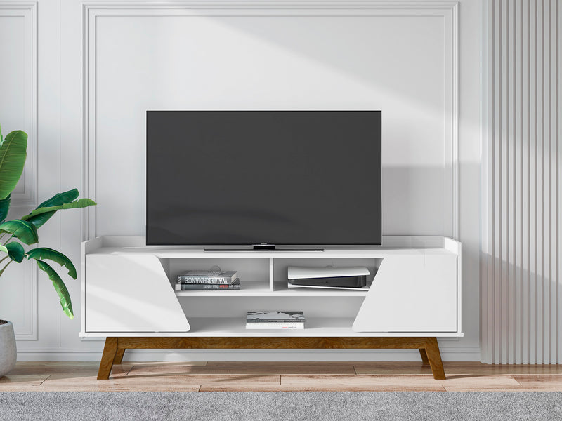 Manhattan Comfort Mid-Century Modern Marcus 62.99\" TV Stand with Solid Wood Legs - White