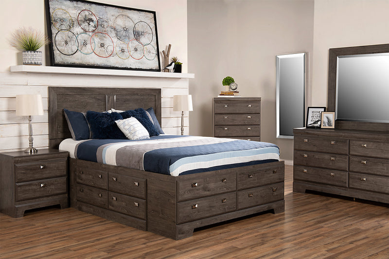 Yorkdale 5pc Bedroom Set with 12-Drawer Storage Bed, Dresser & Mirror, Grey - Queen Size