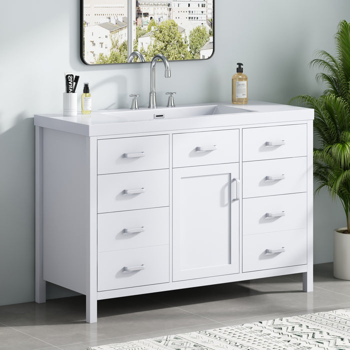 Resina 48 Inch Single Sink Bathroom Vanity with Resin Sink and 6 Drawers, White
