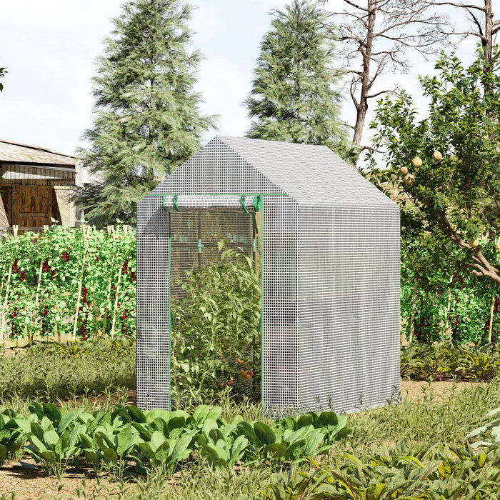 Outsunny 73\" X 47\" X 75\" Walk-in Greenhouse Outdoor Portable Plant Flower Growth Warm House Garden Tunnel Shed With Roll-up Door And 4 Shelves, White