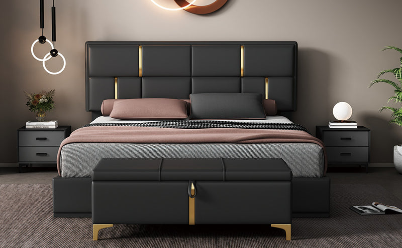 Nicole 2 Piece Bedroom Set With Upholstered Platform Bed And Ottoman Bench,queen Size,black Queen Bed