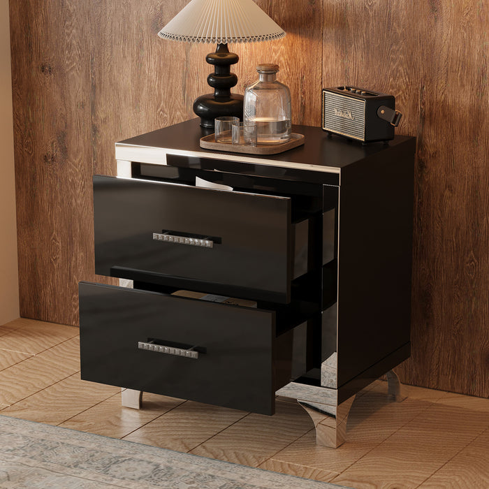 Sophia High Gloss Nightstand with 2 Drawers and Metal Handles,Black
