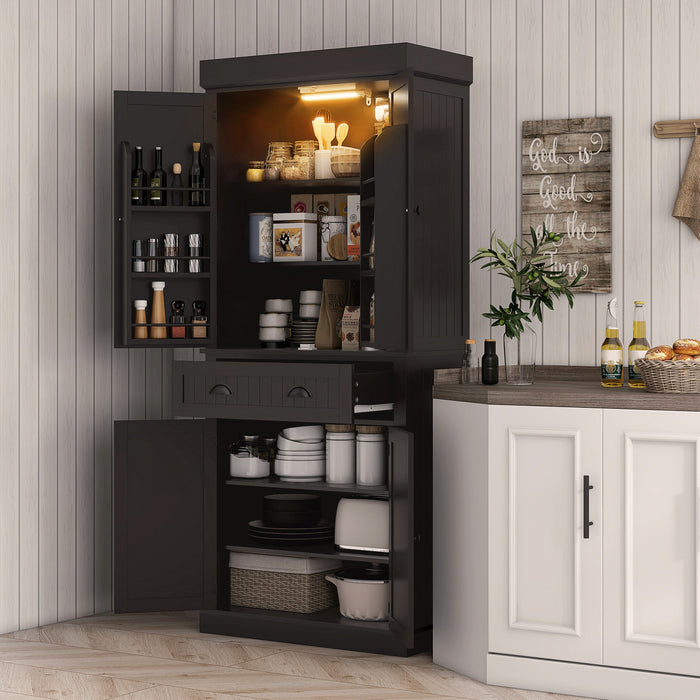 HOMCOM 71\" Kitchen Pantry Cabinet with Spice Racks and LED Lights, Black