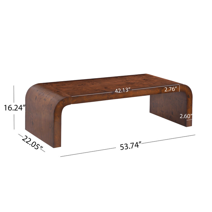 Haven 53.7\" Modern Waterfall Coffee Table Rectangular Burl Veneer Table with Curved Edges, Brown