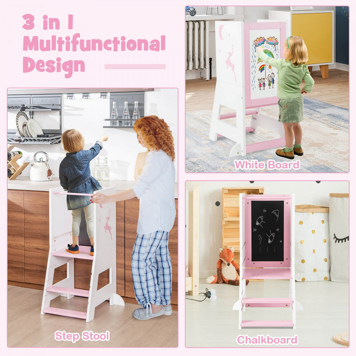 Costway Toddler Kitchen Stool Helper Baby Standing Tower With Chalkboard & Whiteboard Pink