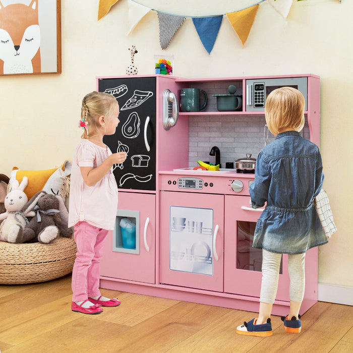 Costway Kid's Pretend Play Kitchen Toddler Kitchen Playset With Blackboard Pink