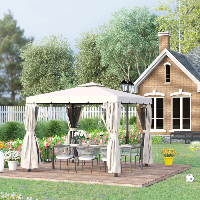 Outsunny 10' X 10' Outdoor Patio Gazebo Double Soft-top Garden Shelter Tent With Beautiful Polyester Curtains, & Mesh Screen Drapes, Cream White