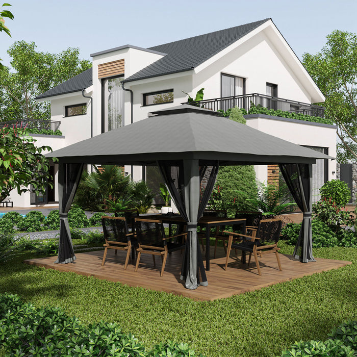 Outsunny 13' X 13' Pop Up Canopy With Mesh Sidewalls, Easy Up Canopy Tent Shelter With 2-tier Roof, Wheeled Carry Bag, Water/sand Bag For Garden, Backyard, Patio, Lawn, Dark Grey