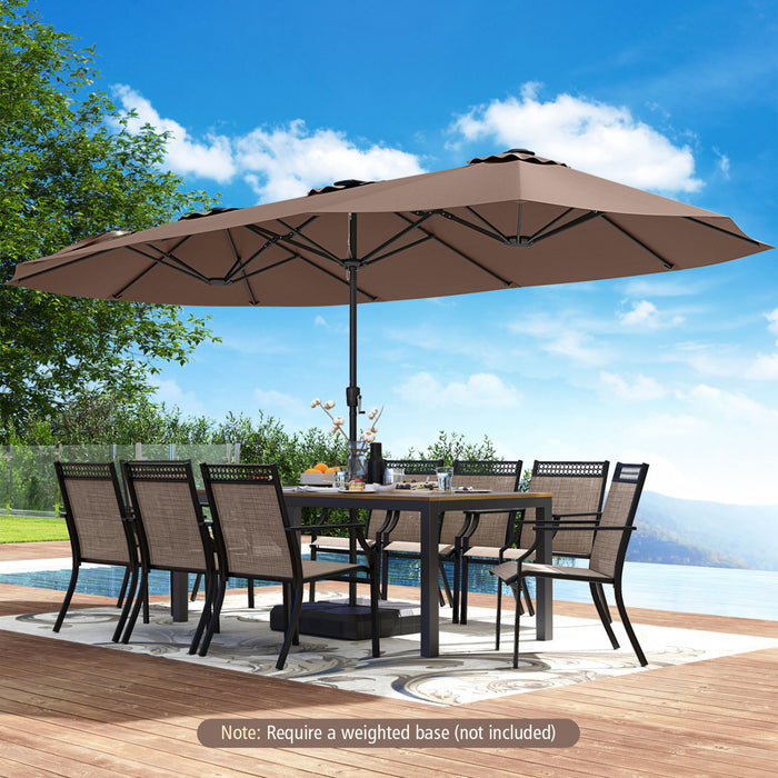 Costway 15.5 FT Extra-Large Patio Umbrella with LED Solar Lights & 12 Heavy-Duty Ribs Brown