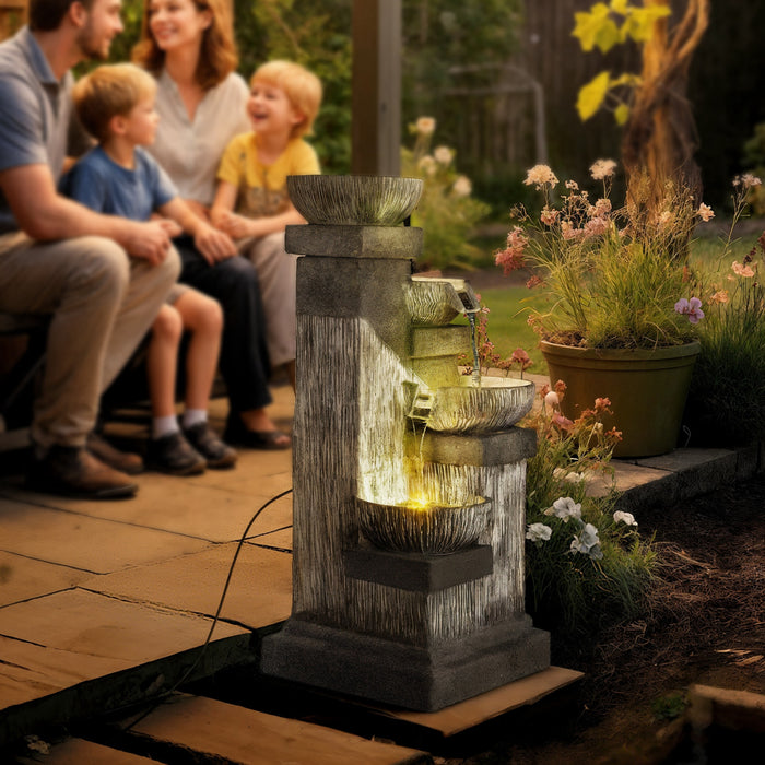 Outsunny 4-Tier 33.5\" Outdoor Waterfall Fountain with LED Lights, Pump Grey