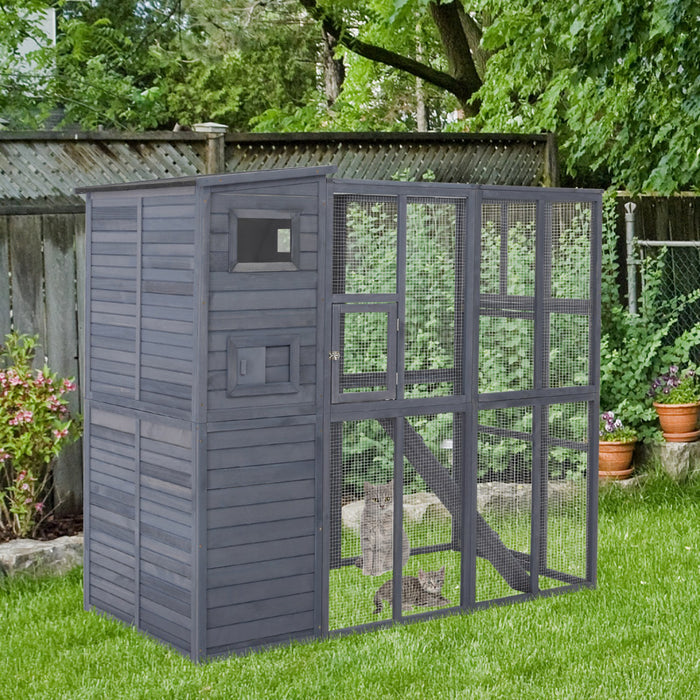 Pawhut Large Catio Outdoor Cat Enclosure Weatherproof Cat House With Cat Condo, Indoor Wooden Cat Cage Pet Kennel, 77\"l X 37\"w X 69\"h, Grey