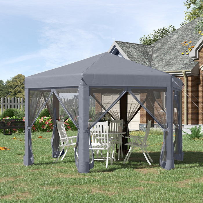 Outsunny 12.5' Pop Up Gazebo Hexagonal Canopy Tent Outdoor Shelter Pavilion Sun Protection With Mesh Sidewalls, Handy Bag, Dark Grey