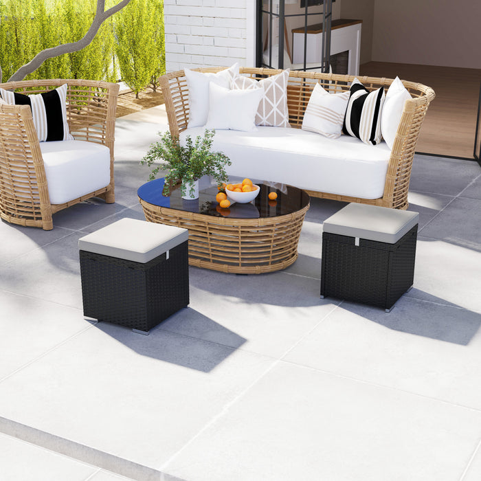 Outsunny 2 Pieces Wicker Outdoor Ottoman with Storage, Cushions, Light Grey