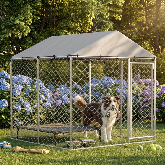 PawHut Outdoor Dog Kennel Dog Run with Waterproof, UV Resistant Cover for Small and Medium Sized Dogs, 6.6' x 6.6' x 6.6', Silver