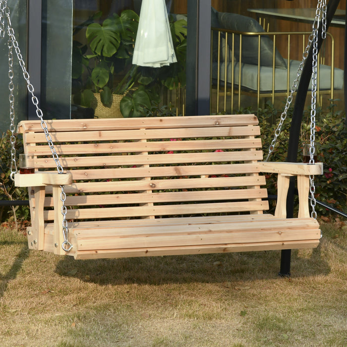 Outsunny 2 Seater Porch Swing Wooden Patio Swing Chair Seat With Cup Holder And Chains Outdoor Swing Bench For Garden Yard, Natural