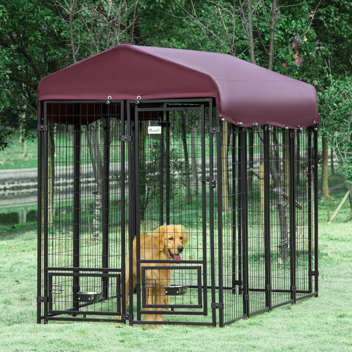 Pawhut Outdoor Dog Kennel, Lockable Pet Playpen Crate, Welded Wire Steel Fence, With Water-, Uv-resistant Canopy, Rotating Bowl Holders, Door, 8ft X 4ft X 6ft, Red