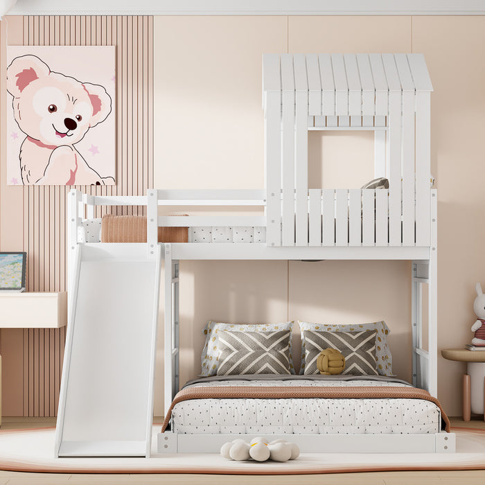 Marico Twin Over Solid Wood Full Bunk Bed With Slide, Playhouse Design, White