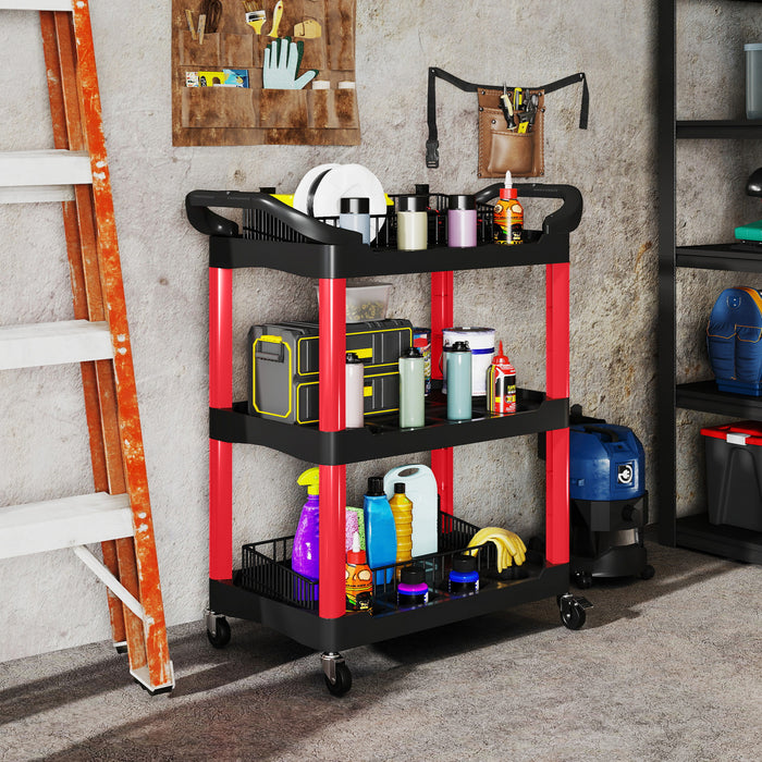 Homcom 3-tier Rolling Tool Cart With Wheels, Plastic Utility Cart, Black