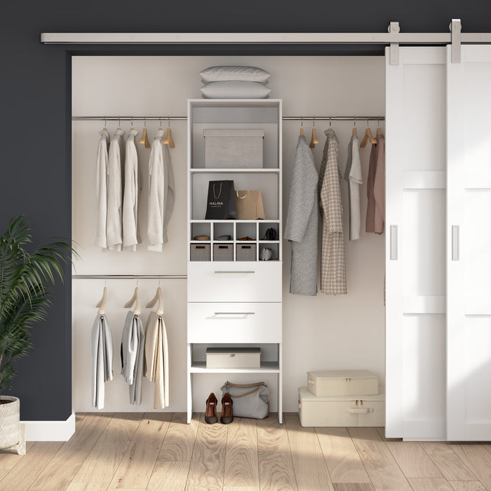 Bestar Carina Closet 24 W Closet Organizer with Clothing Rods, Drawers & Cubbies - White