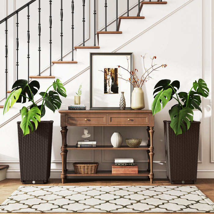 Costway 23\" Tall Planters Set Of 2 Rattan Wicker Plant Pot Self-watering Tree Pot Brown
