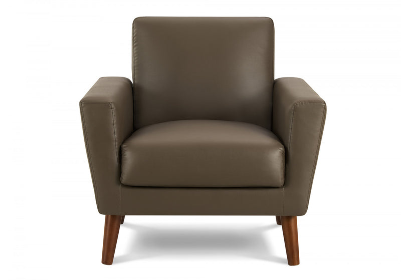Upholstered Accent Chair, 34\" Wide, Brown Leather-Look, Walnut Wood Legs, Mid-Century Accent Chair