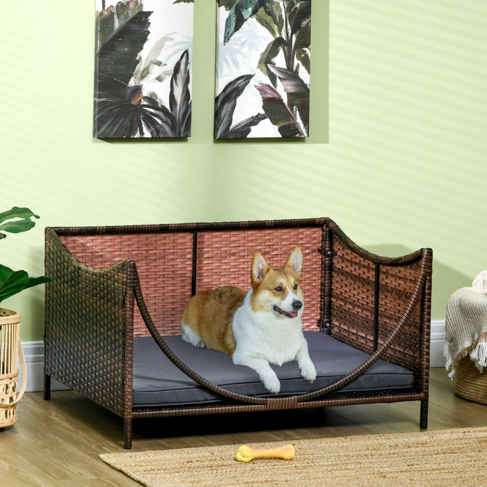 Pawhut Rattan Pet Bed For Small Medium Dogs And Cats, Wicker Dog House Outdoor With Water-resistant Cushion, 35\"x28\"x20\", Brown