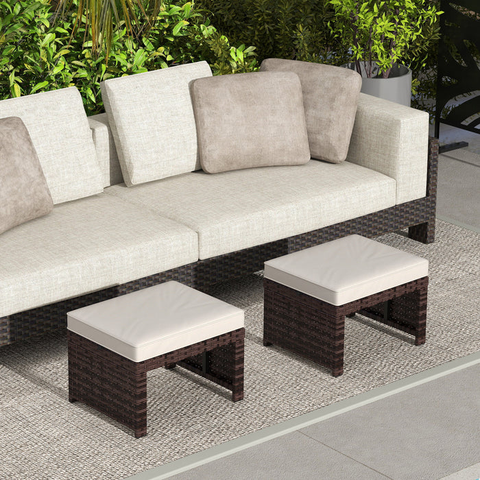 Outsunny Wicker Outdoor Ottoman Footstool with Cushion, Set of 2, Khaki