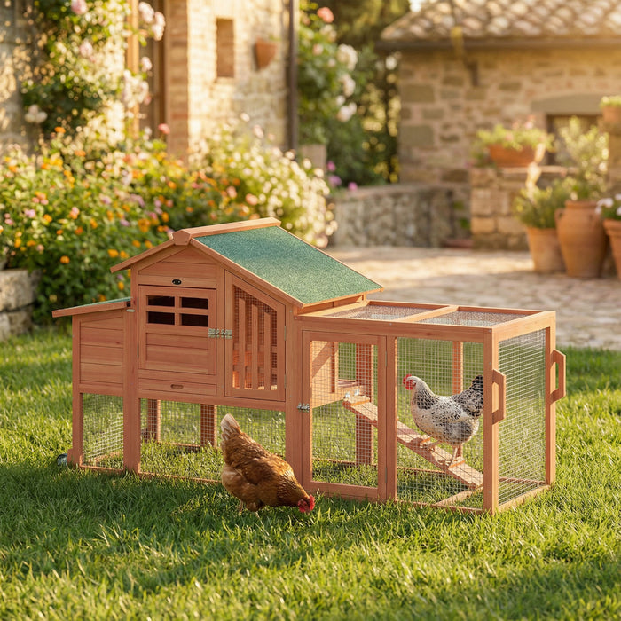 PawHut Chicken Coop with Run, Mobile Wooden Chicken House with Nesting Box, Roosting Bar, Ramp & Tray, Hen House Poultry Cage for 1-2 Hens, 74.8\" L x 27.2\" W x 38.2\" H
