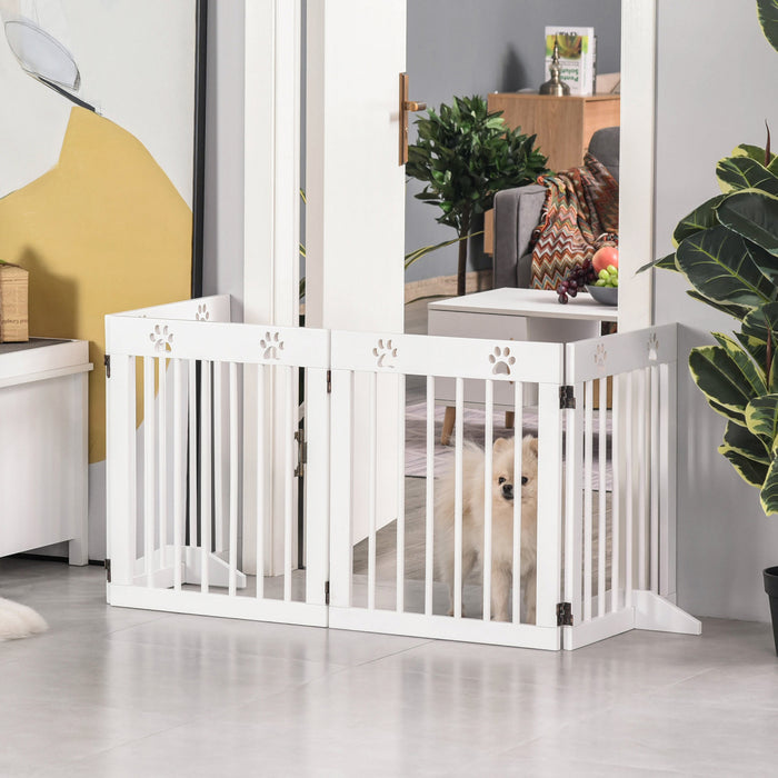 Pawhut Freestanding Pet Gate 4 Panel Wooden Dog Barrier Folding Safety Fence With Support Feet Up To 80.25\" Long 24\" Tall For Doorway Stairs White