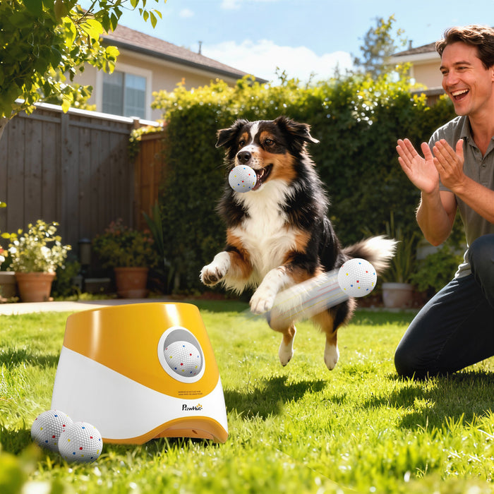PawHut Automatic Dog Ball Launcher with 5 2.3\" ETPU Balls, Dog Ball Thrower with 3 Distance Settings (20/33/46 ft), Indoor Outdoor Interactive Toy for Small Medium Breeds, Orange