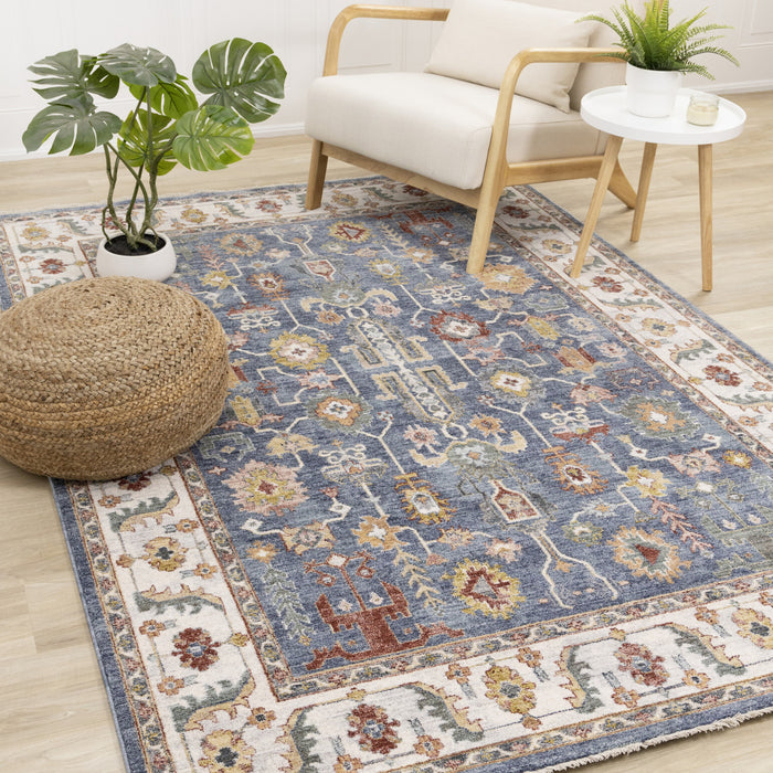 Olivia Blue Modern Tribal Inspired Border Rug, 5'3\" x 7'10\" Indoor Area Rug