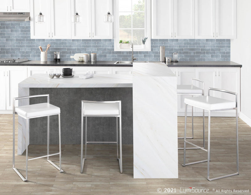 LumiSource Fuji White Faux Leather Contemporary Stackable Barstool - Set of 2