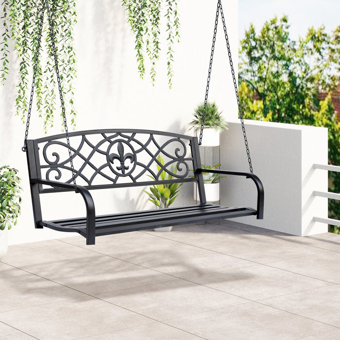 Outsunny 50\"l Steel Porch Swing Fleur-de-lis Patio Swing Chair Hanging Bench Outdoor 2-person Glider Chair Seat W/ Chain Antique Style Black