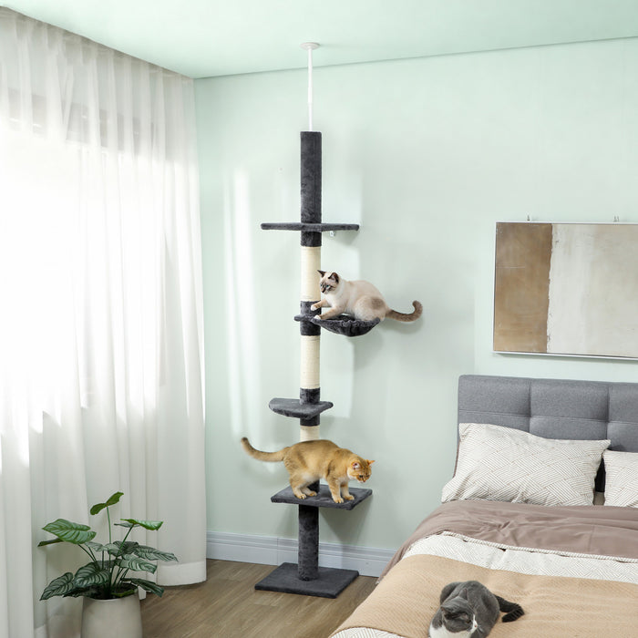 PawHut 102\" Cat Tree 5-Tier Floor-to-Ceiling Cat Tower Kitty Activity Center with Scratching Post Play Rest Post Pet Furniture Dark Grey